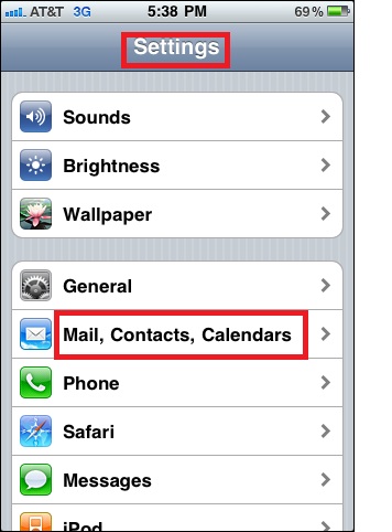 AOL Mail Setup on IPhone and iPad- choose Mail, contacts and calendars option