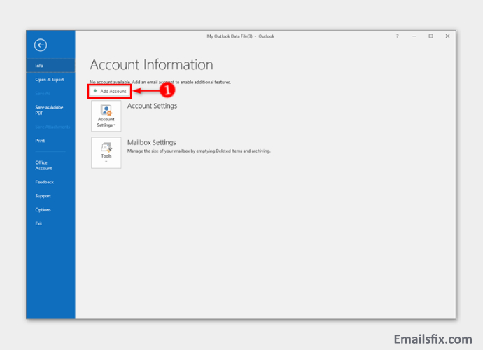Click Add Account - ATT Email Settings for Outlook 2016