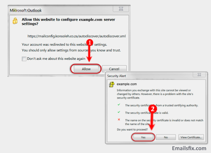 Click on allow and choose yes-ATT.Net Email Settings For Outlook 2013