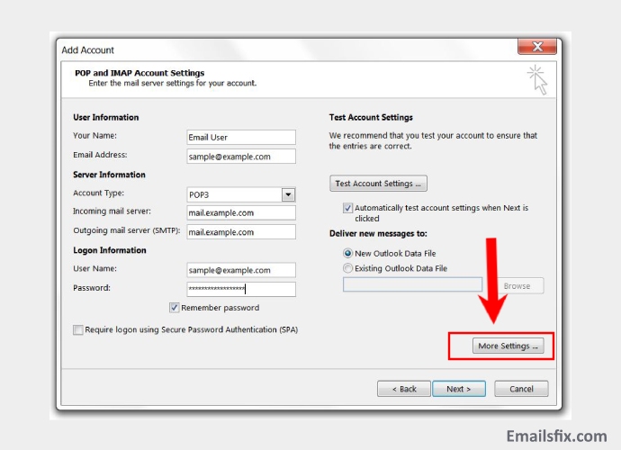 Go ahead to More Settings - Outlook 2010 Settings for ATT.net