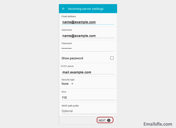 Incoming Server Settings-Frontier Email Settings for Android
