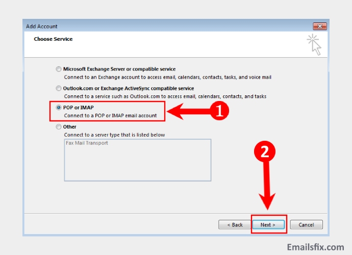 Select POP or IMAP the move to Next option - Outlook 2010 Account Settings