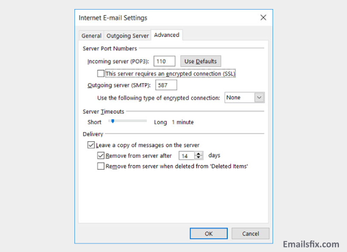 Advance Setting option- Frontier Email Settings for Outlook 2016