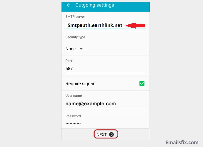 ‘Outgoing Server’ - EarthLink Email Settings for Android phones