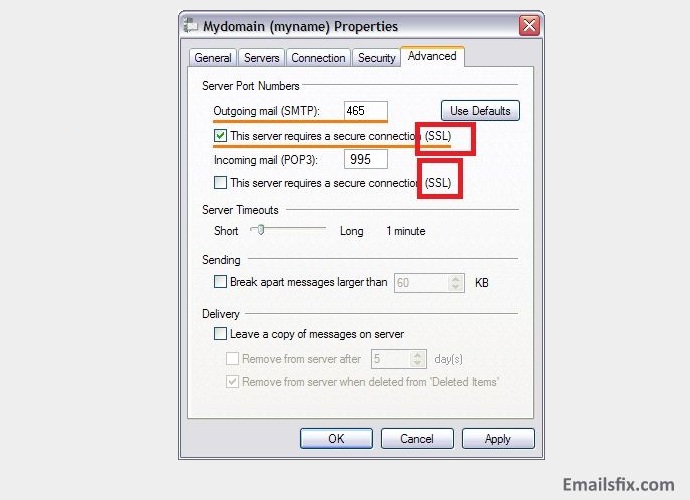 Click on the ‘Advanced’ tab - SSL- Frontier Email Server settings for Windows Live Mail