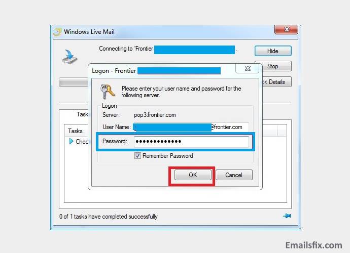 Server Setting Details- Frontier Email Settings For Windows live Mail