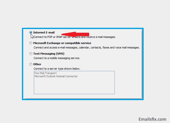 Choose Internet E-mail - Setup Gmail in Outlook 2010 ’ 