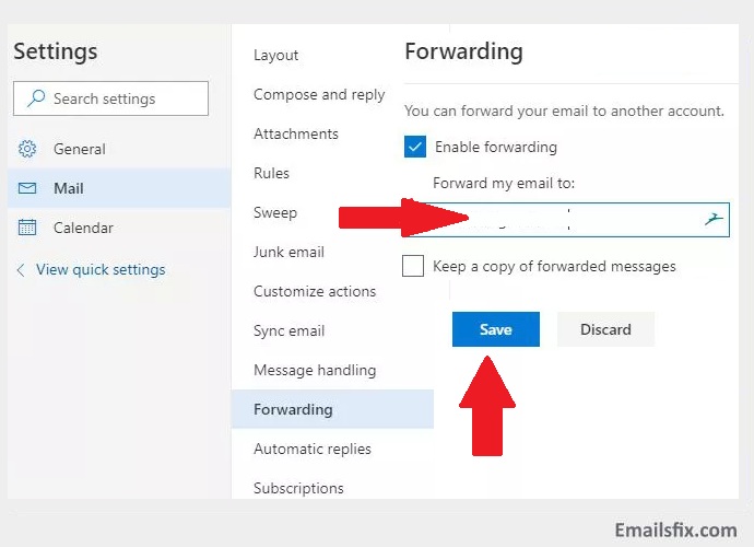 Click on ‘Save’- how to forward email from outlook to gmail