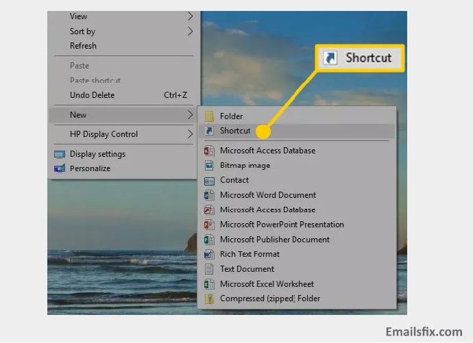 Select ‘Shortcut’- outlook safe mode windows 10