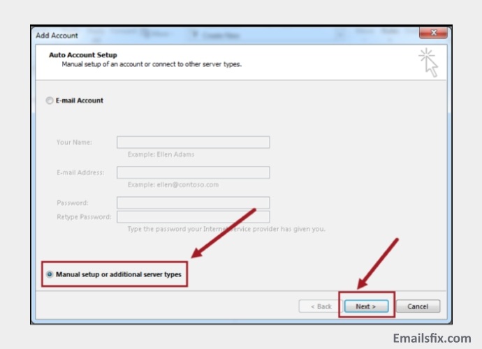 Select ‘Manual setup - CenturyLink Email Server Settings For Outlook