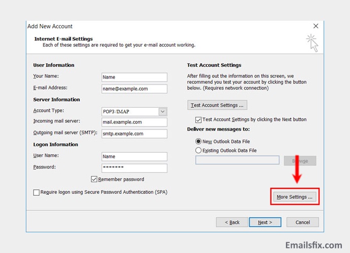 Select more settings - centurylink email server settings for outlook