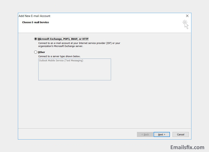 Choose the “Microsoft Exchange, IMAP, HTTP or IMAP” option - Wildblue email server settings